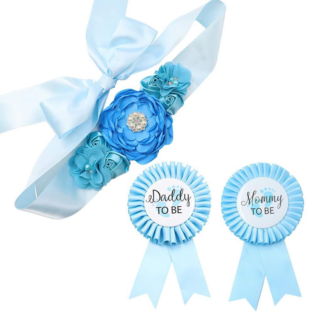 PALAY Mom to Be Flower Sash Set - Baby Shower Daddy to Be Corsage Pin - Flower Belt for Maternity Dress - Pregnancy Photo Props Supplies-Blue PALAY Mom to Be Flower Sash Set - Baby Shower Daddy to Be Corsage Pin - Flower Belt for Maternity Dress - Pregnancy Photo Props Supplies-Blue